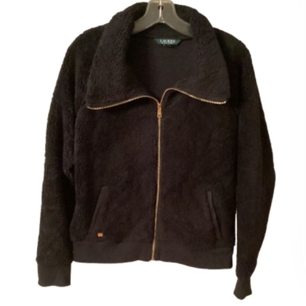 LAUREN RALPH LAUREN SIZE MEDIUM BLACK FULL ZIP SHERPA JACKET